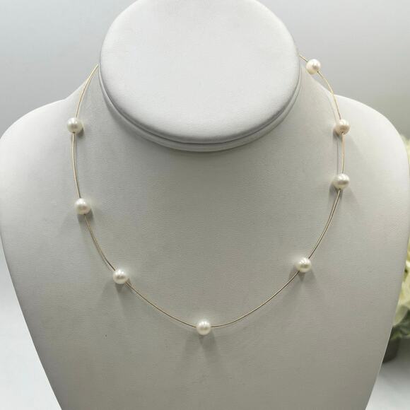 JCR 14K Yellow Gold Snake Chain Designer Station Floating White Pearl Necklace - Picture 1 of 12